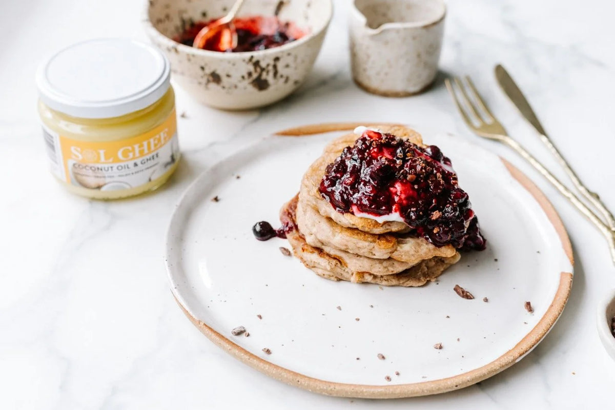 Banana Pancakes with Stewed Berry Compote