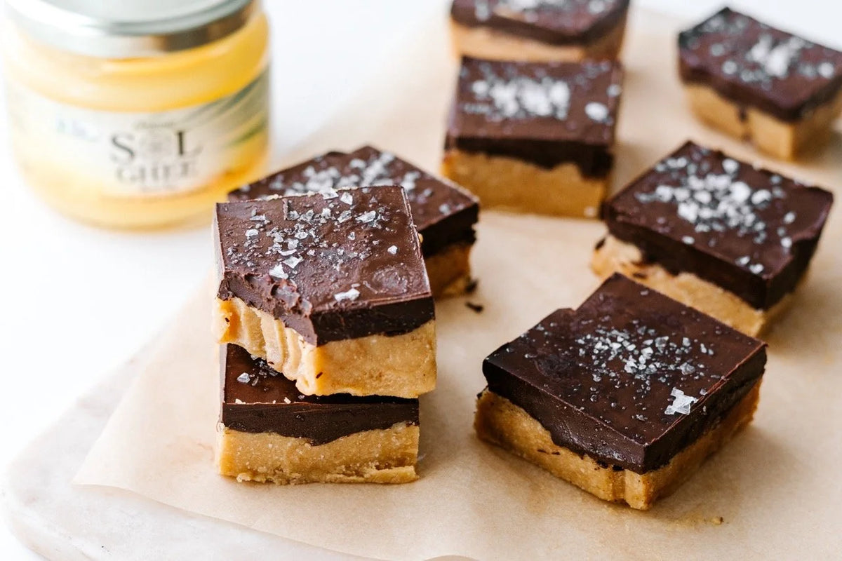Cashew chocolate fudge bars made with Sol Organics ghee