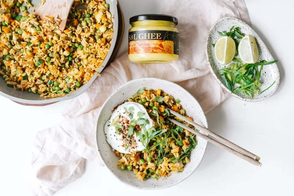 Turmeric ghee fried rice made with Sol Organics turmeric ghee