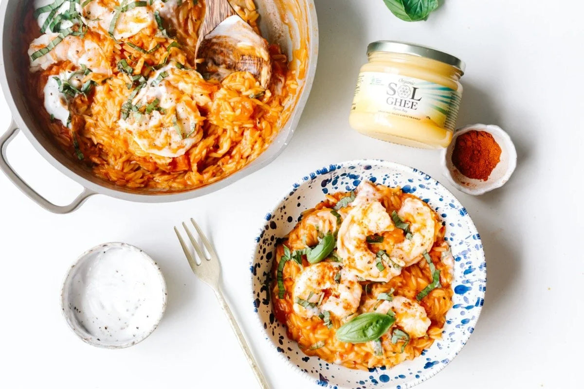 Healthy meal made with Sol Organics ghee and pantry staples