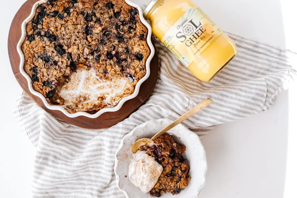 Ghee baked blueberry oats made with Sol Organics ghee