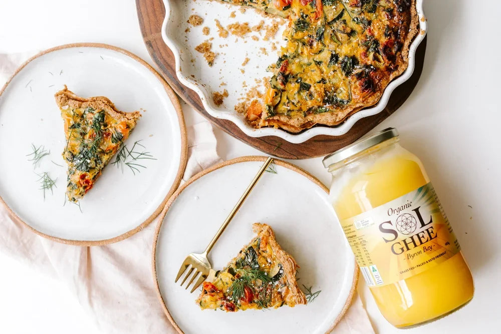 Homemade vegetable quiche made with Sol Organics ghee pastry