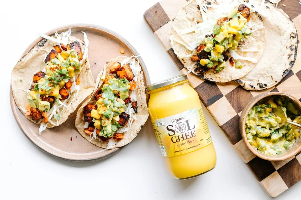 Ghee baked salmon tacos made with Sol Organics ghee