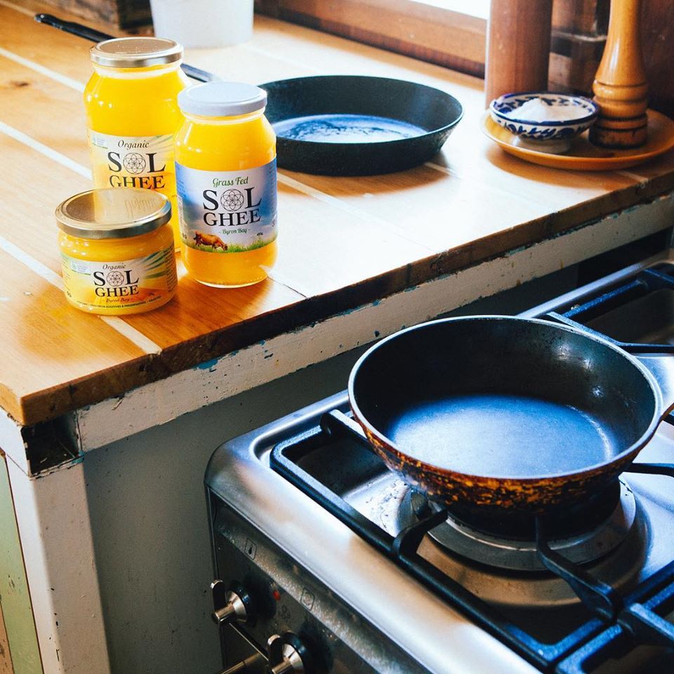 Jars of Sol Organics organic grass-fed ghee made in Byron Bay, Australia