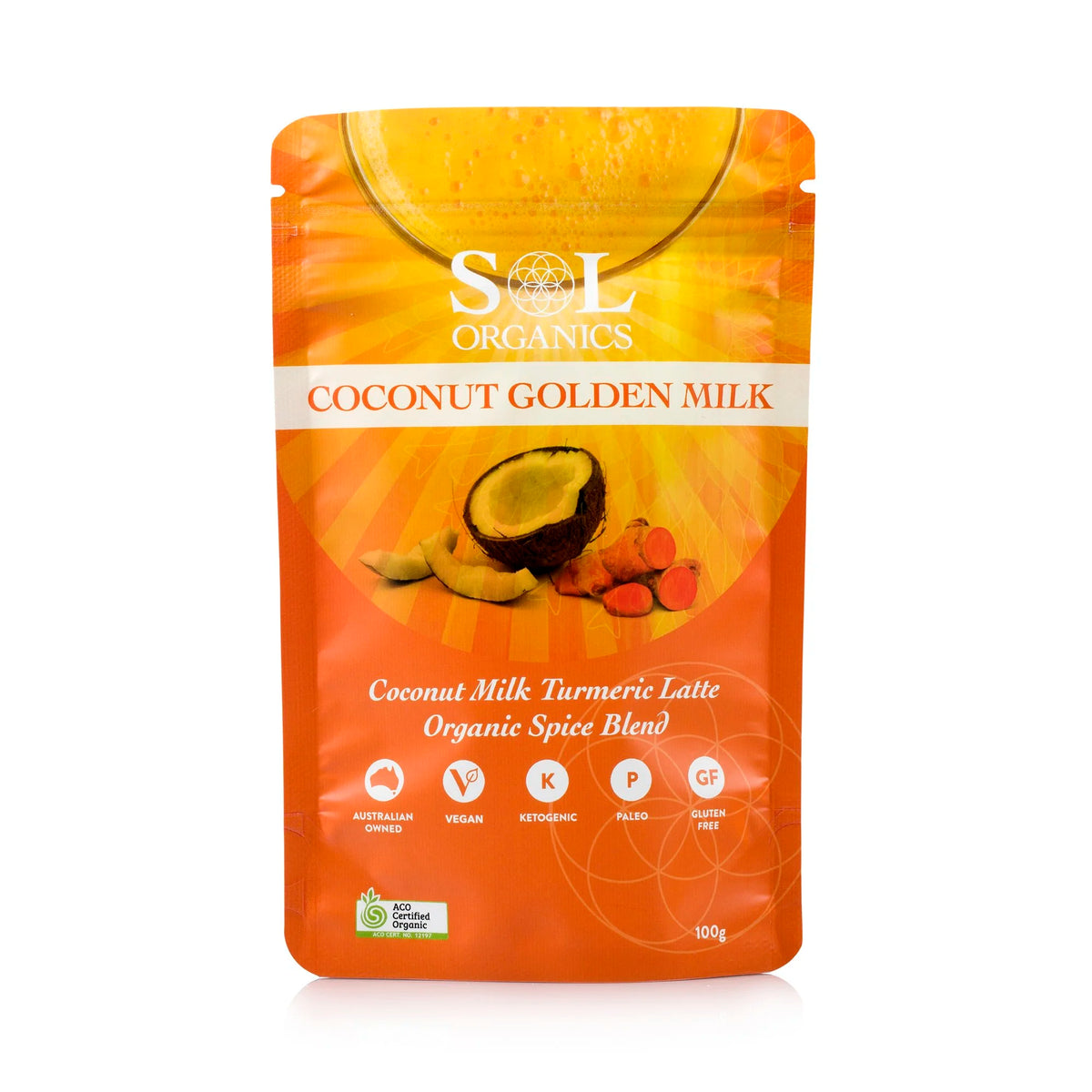Packet of Sol Organics coconut golden milk turmeric latte blend