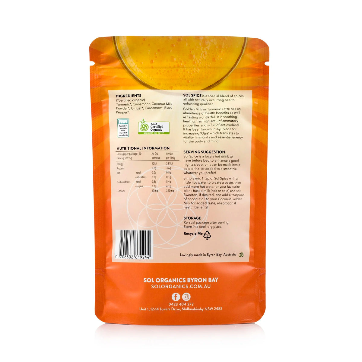 Sol Organics coconut golden milk blend, packet back label