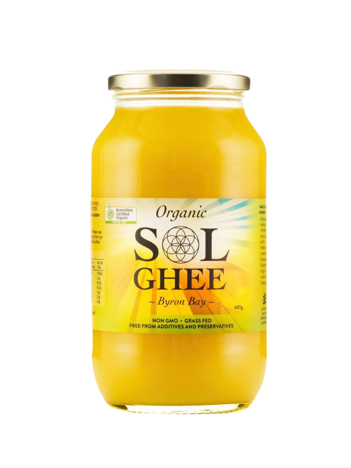 Sol Organics organic ghee jar, label detail