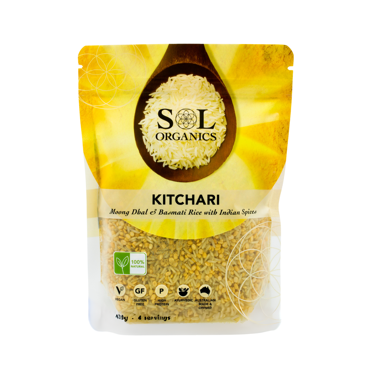 Packet of Sol Organics kitchari dhal mix with moong lentils, rice and spices
