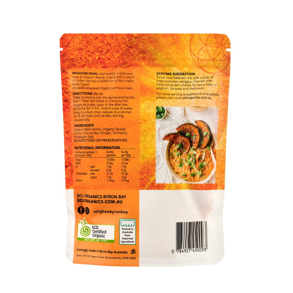 Sol Organics red lentil dhal mix, cooked in a bowl