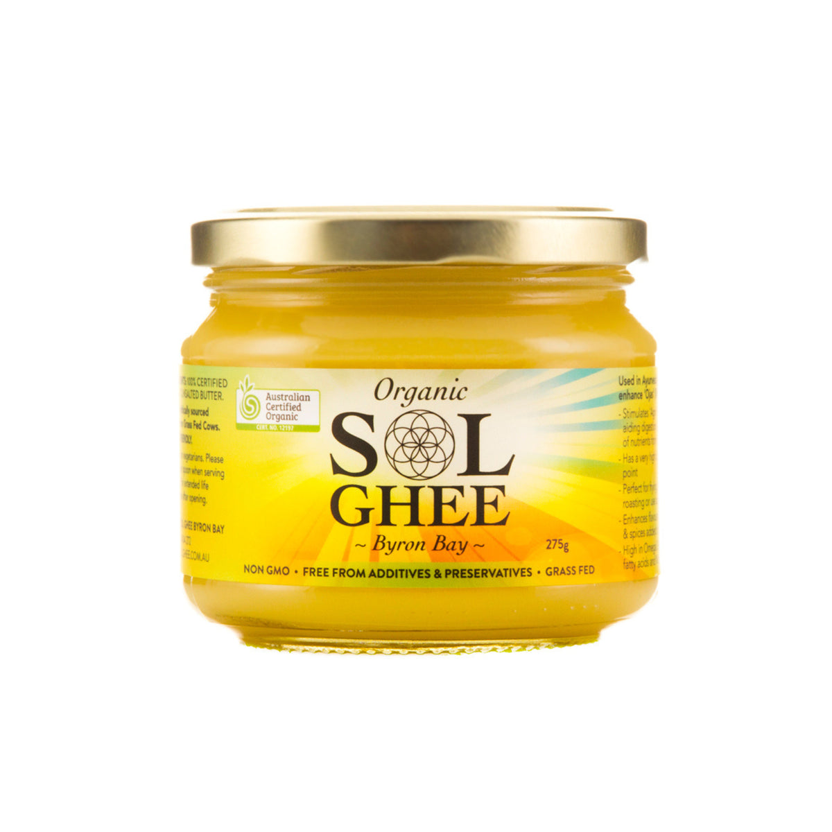 Jar of Sol Organics certified organic grass-fed ghee