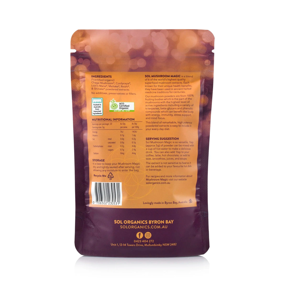 Sol Organics mushroom magic blend, packet back label