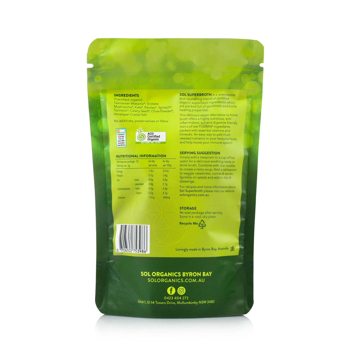 Sol Organics vegan superbroth, packet back label