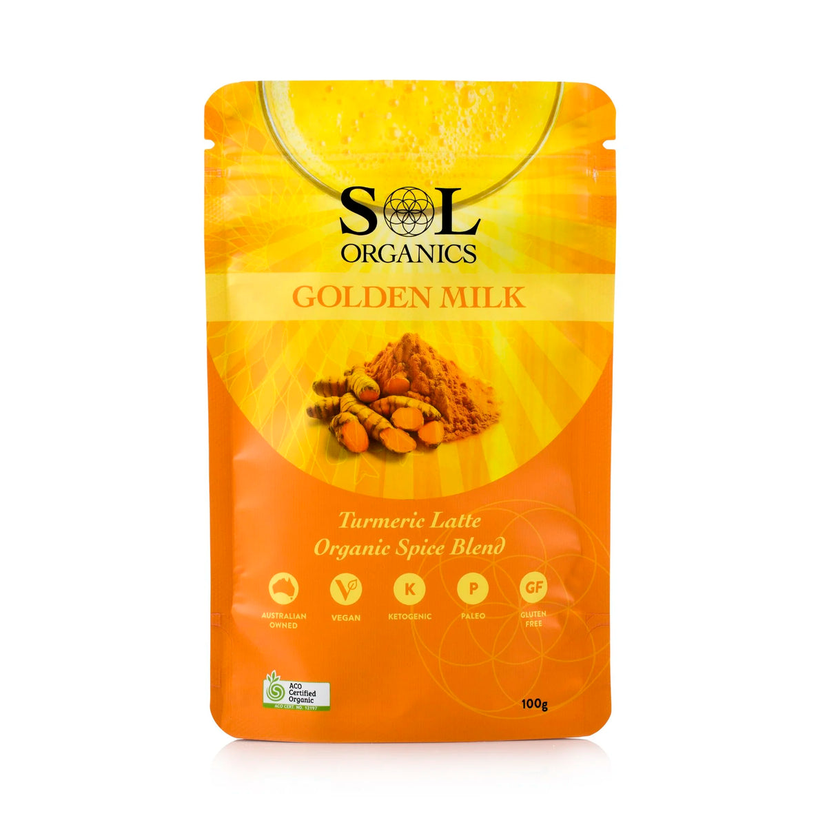 Packet of Sol Organics golden milk turmeric spice blend