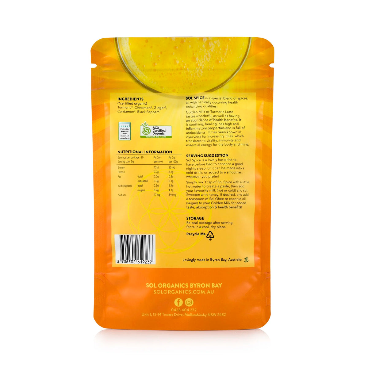Sol Organics golden milk turmeric blend, packet back label