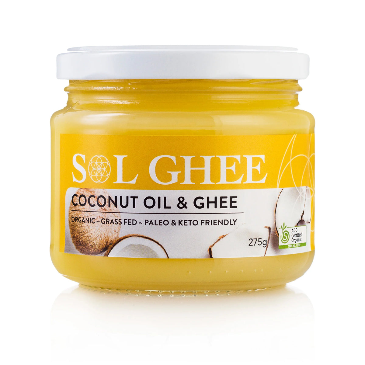 Jar of Sol Organics coconut ghee, a blend of ghee and coconut oil
