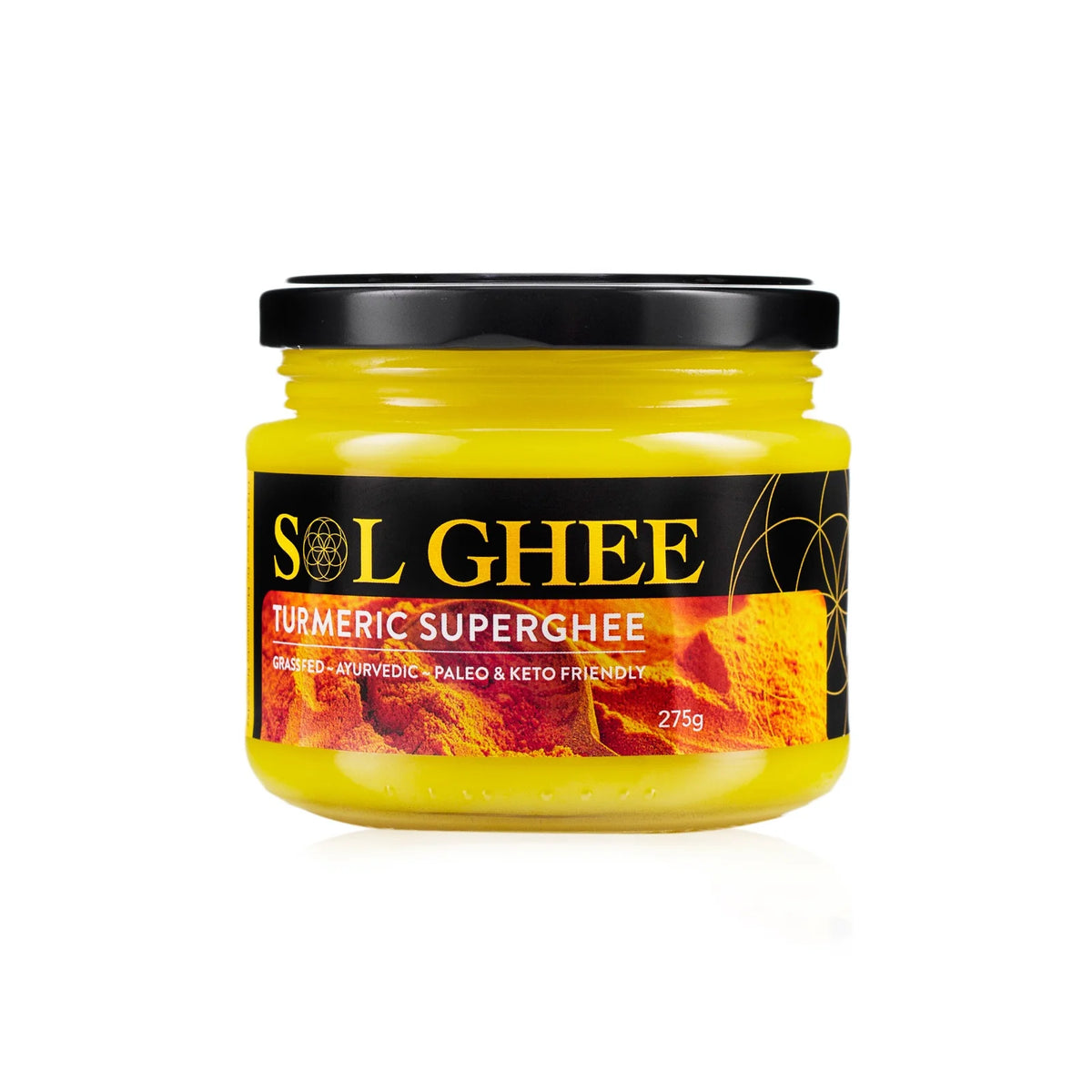 Jar of Sol Organics turmeric ghee, an Ayurvedic-inspired superghee blend